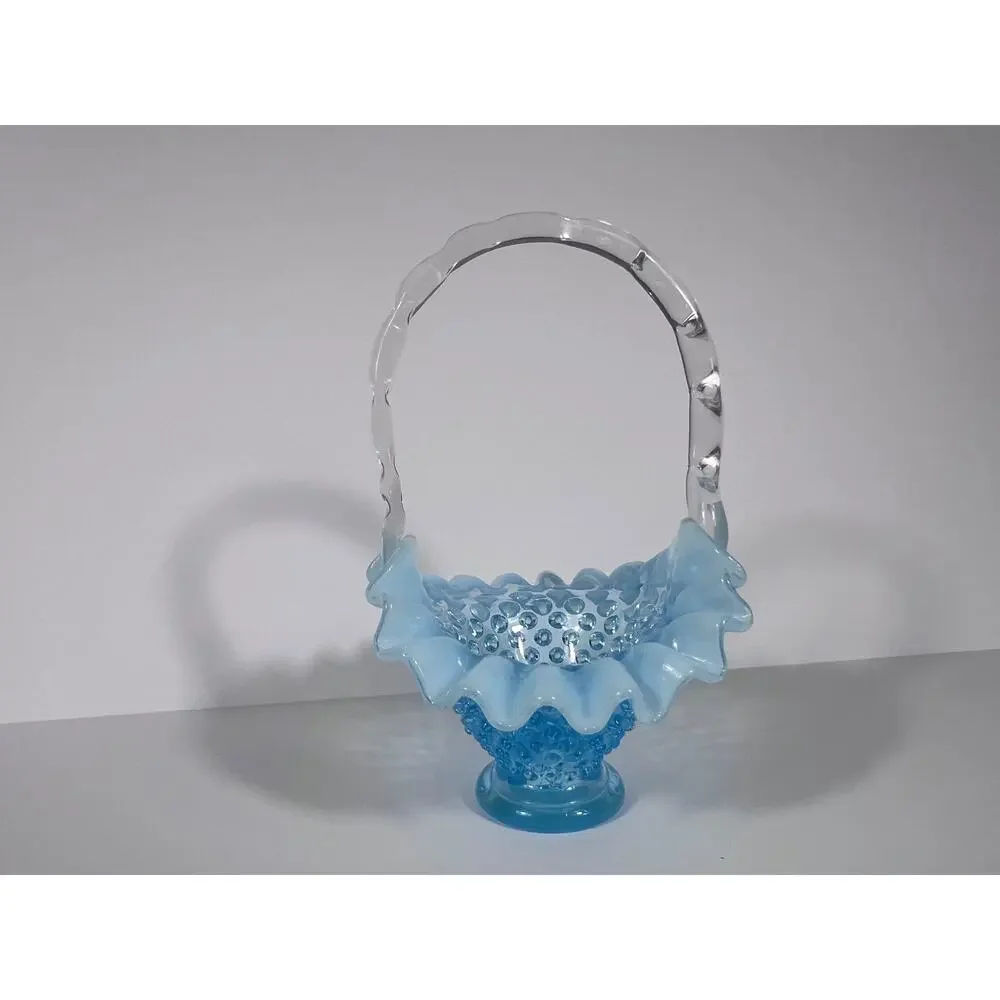 Vintage Fenton Small Hobnail Basket Teal blue with Opalescent Edge